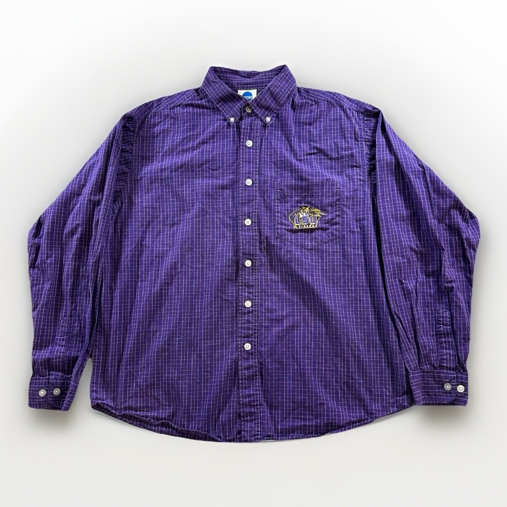 Vintage LSU Tigers Dress Shirt Mens L Purple And Gold Plaid Y2K Button Down NCAA